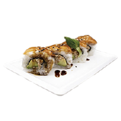 Uramaki de salmón cocinado, aguacate, salsa teryaki