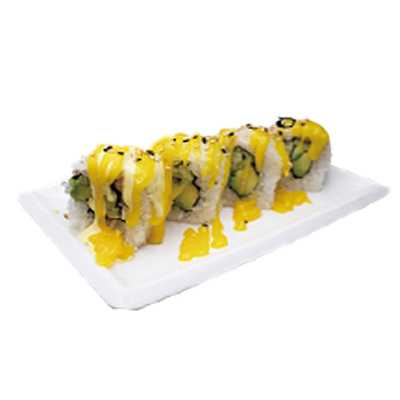 Uramakide aguacate, pepino, salsa de mango y sésamo
