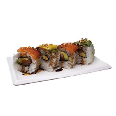 Uramaki de salmón, aguacate y teriyaki
