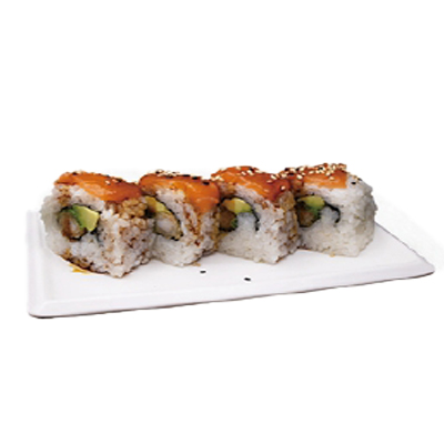 Uramakide langostino frito, aguacate, salmón, teriyaki y sésamo